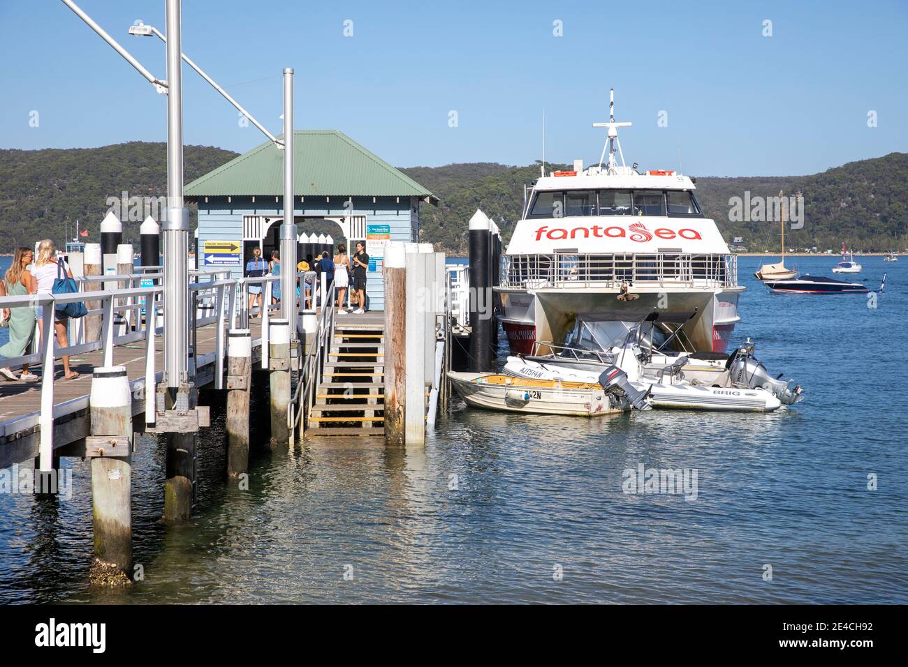 Palm beach ferry wharf on Pittwater Sydney northern beaches area, ferries transport passengers to Sydney and the central coast,Sydney,Australia Stock Photo