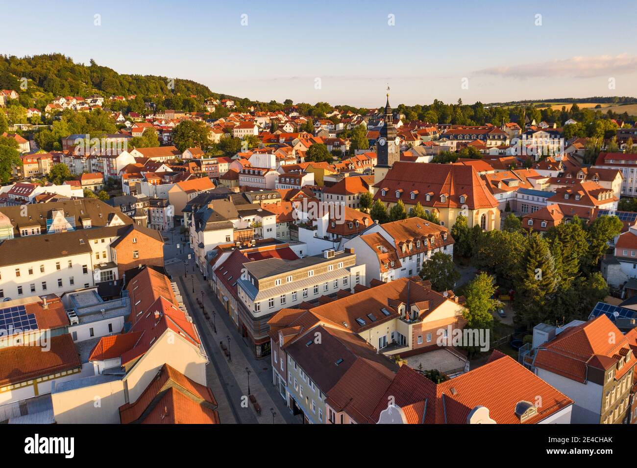 Germany, Thuringia, Ilmenau, town, houses, church, overview, oblique view, aerial view Stock Photo
