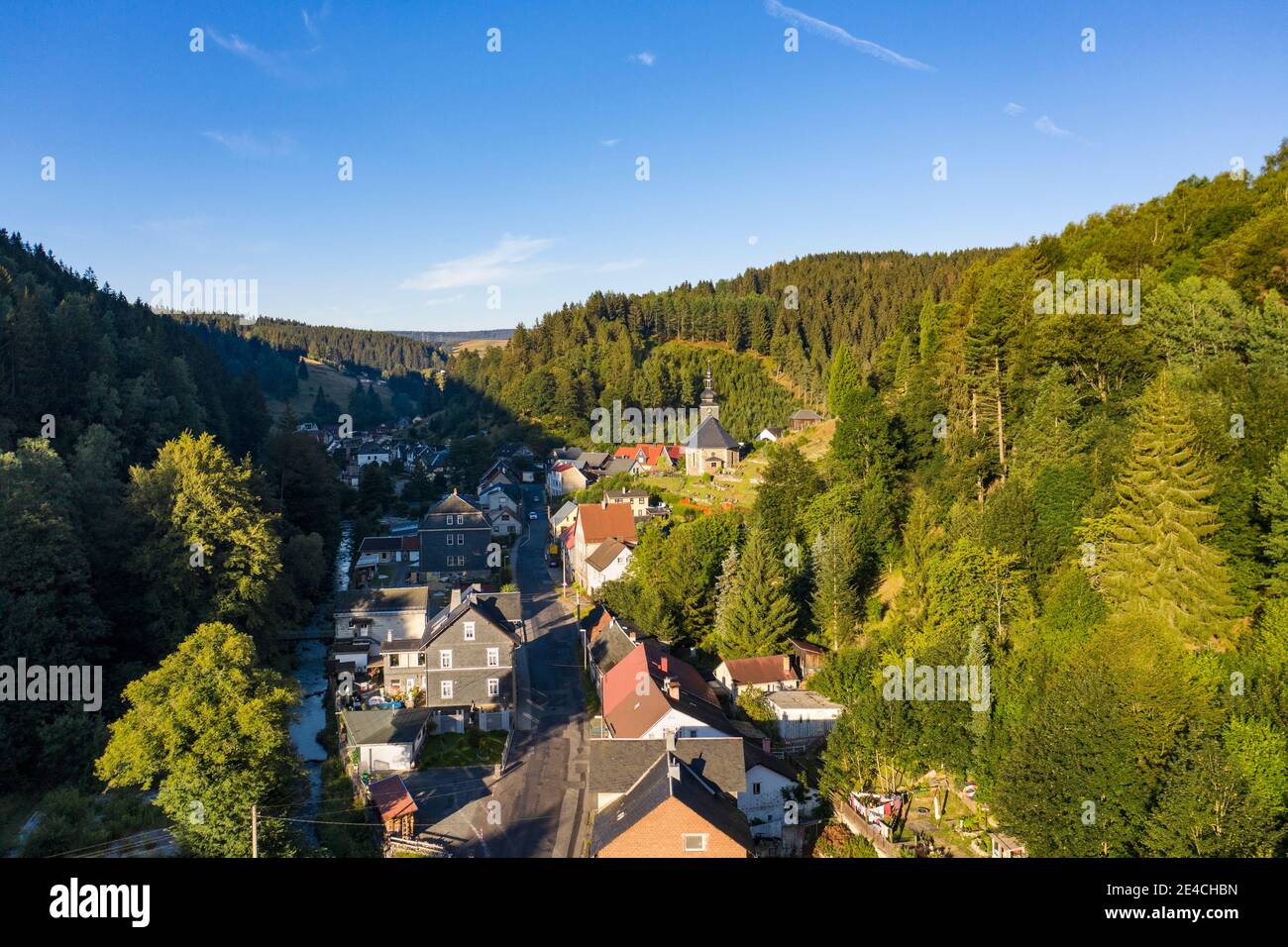 Germany, Thuringia, Katzhütte, houses, church, streets, forest Stock Photo