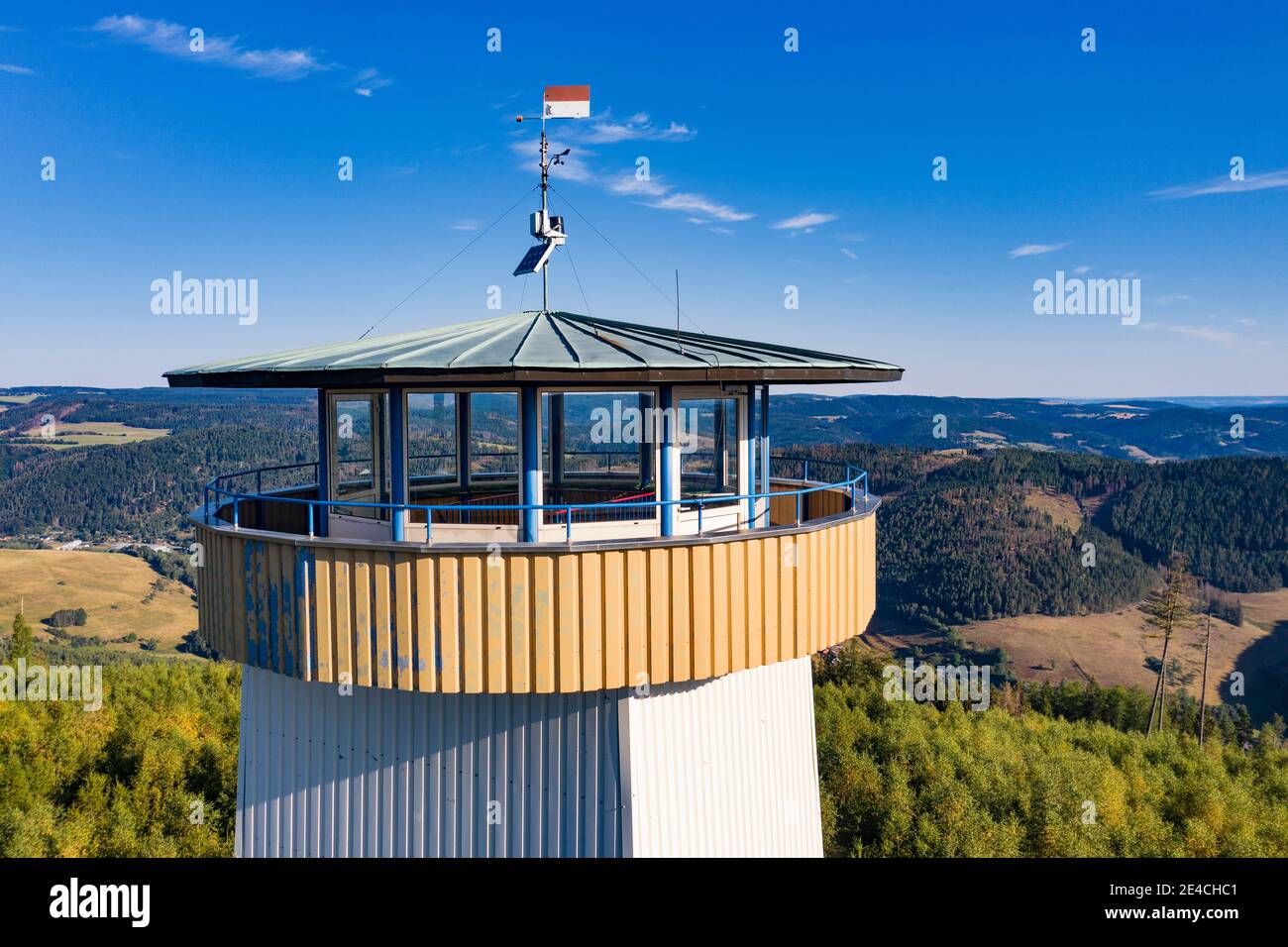 Germany, Bavaria, Lauenstein, Thüringer Warte, observation tower, view of the former GDR, mountains, forest, aerial view Stock Photo