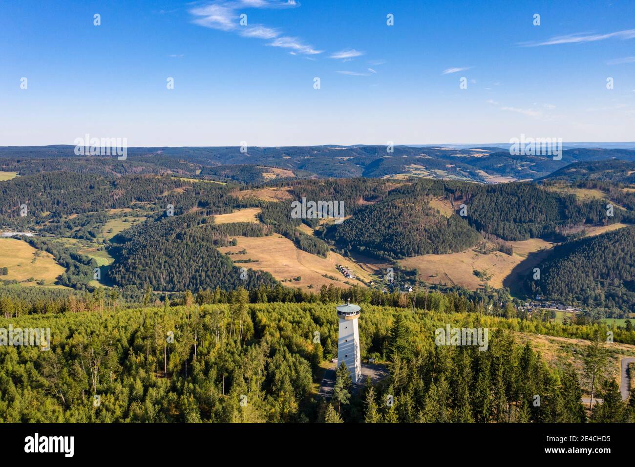 Germany, Bavaria, Lauenstein, Thüringer Warte, observation tower, view of the former GDR, mountains, forest, aerial view Stock Photo
