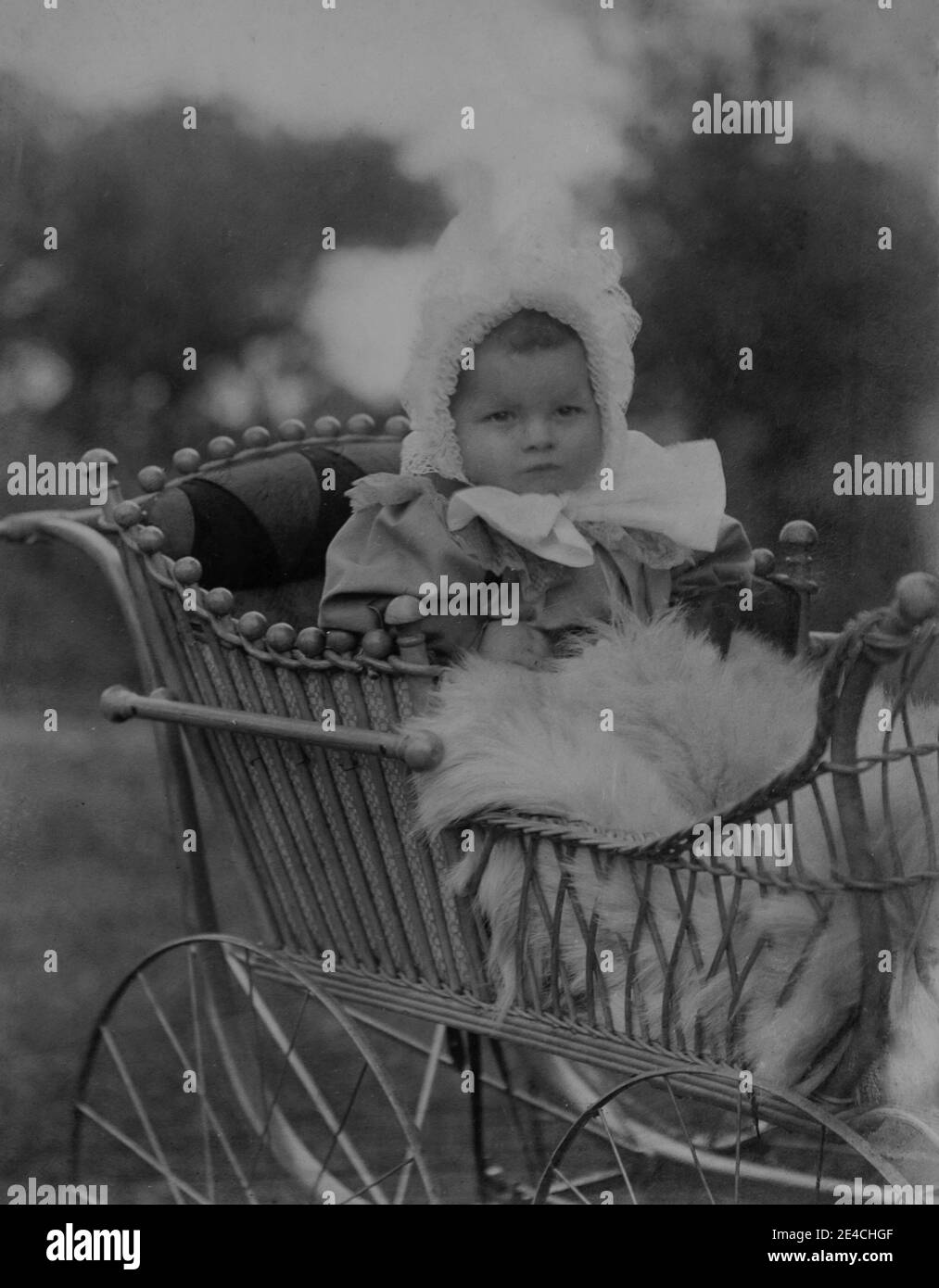 American archive monochrome portrait  of a baby in a bonnet and fur blanket in a pram outdoors. Taken in the late 19th century in Port Byron, NY, USA Stock Photo