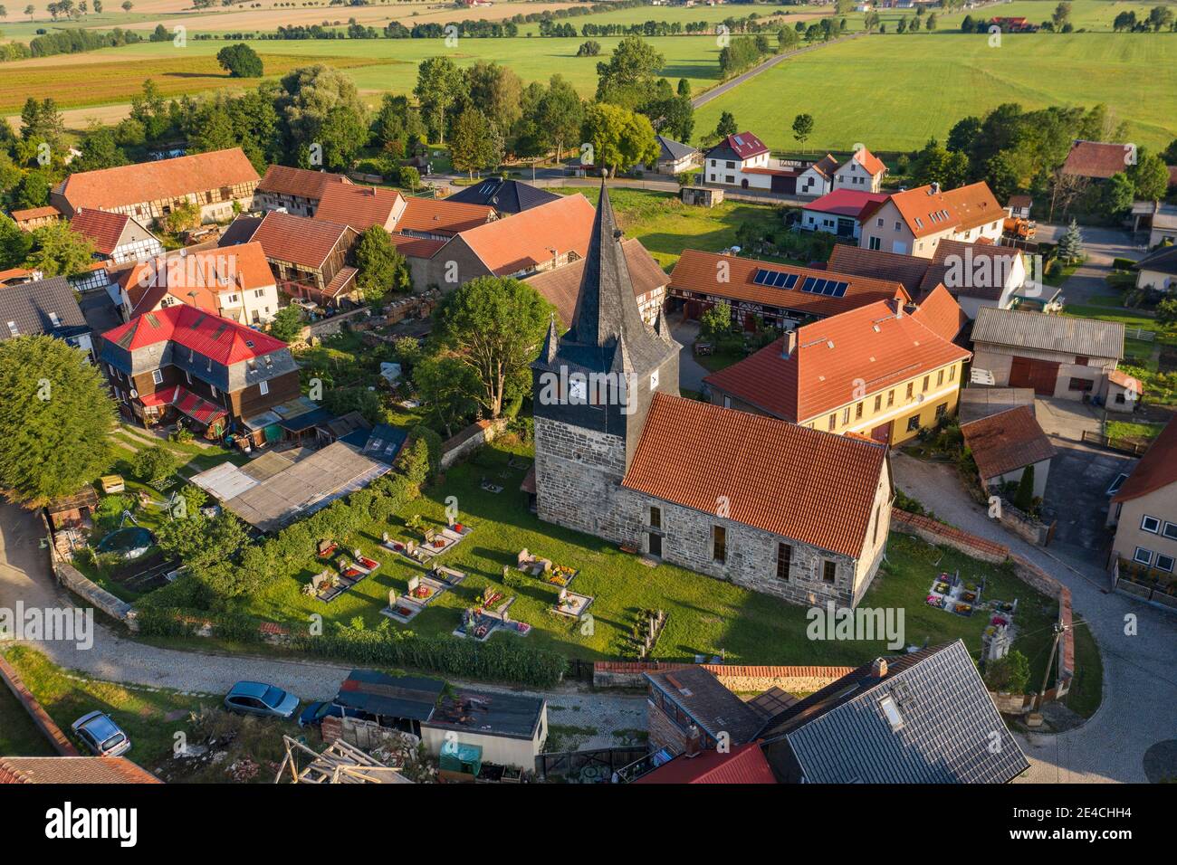 Germany, Thuringia, Stadtilm, Kleinliehaben, church, village, overview, oblique view, aerial view Stock Photo