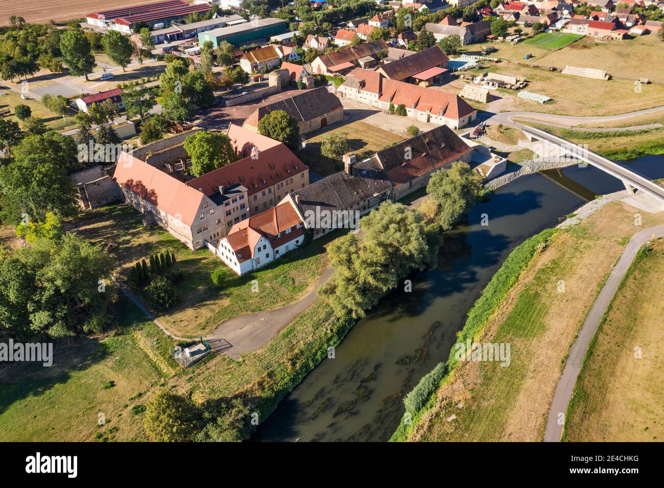 Germany, Saxony-Anhalt, Burgenlandkreis, monastery and imperial palace, Memleben, town, museum, ruin, river, aerial view Stock Photo