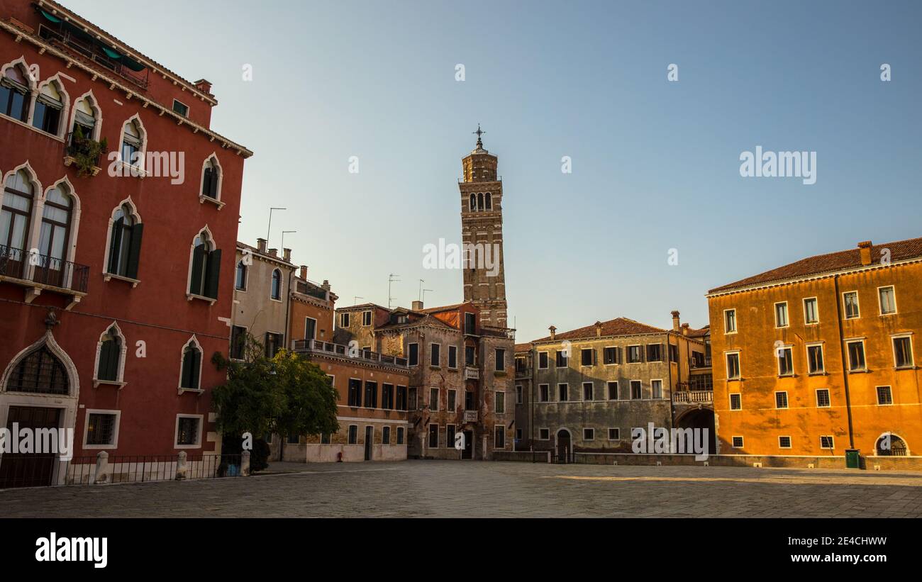 Venice during Corona times without tourists, the Leaning Tower of Venice - Chiesa di Santo Stefano from Campo Sant 'Anzolo Stock Photo