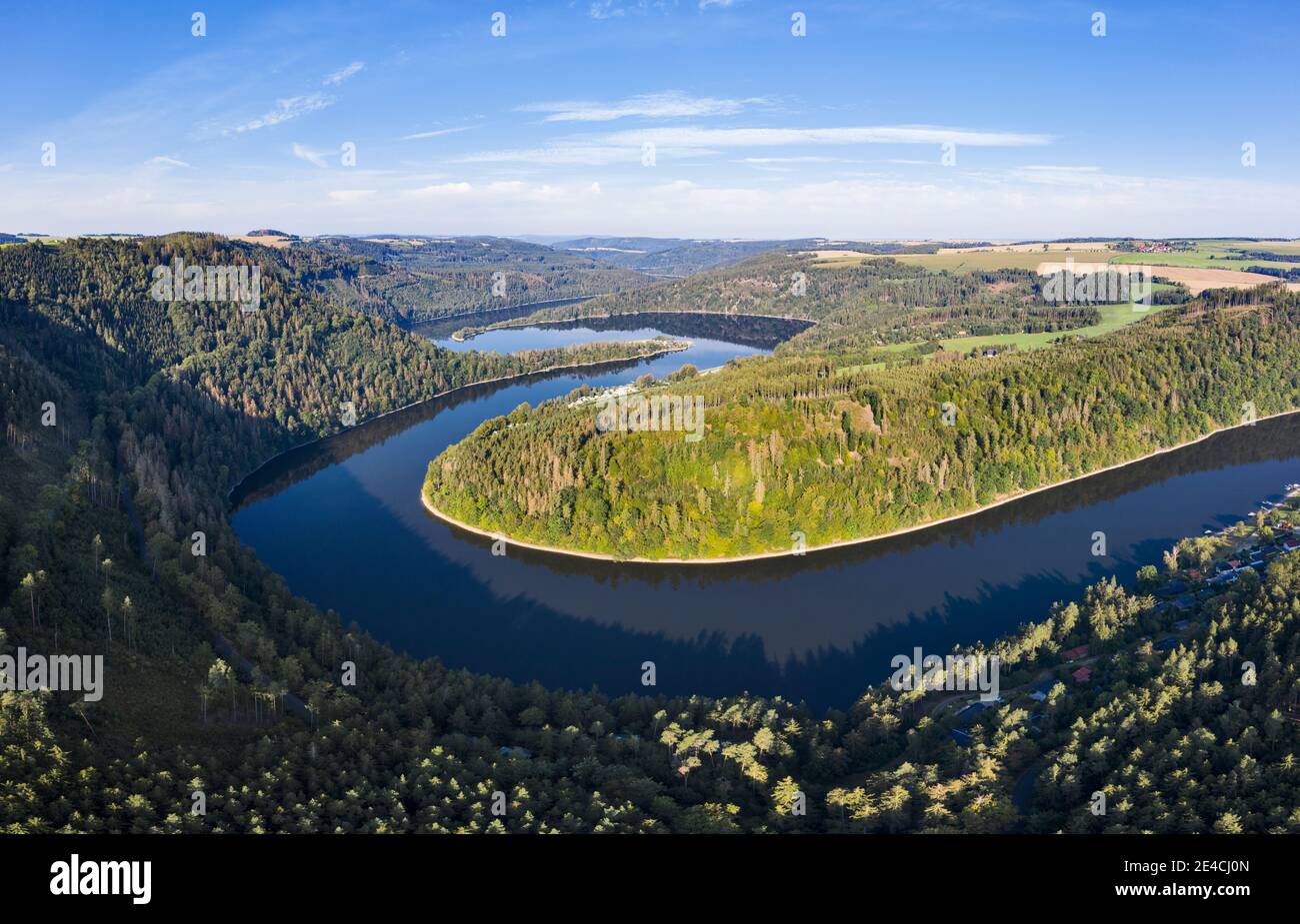 Germany, Thuringia, Altenbeuthen, Hohenwartestausee, campsites Neumannshof, Altenroth, Droschkau, forest, reservoir loops, aerial view, panorama Stock Photo