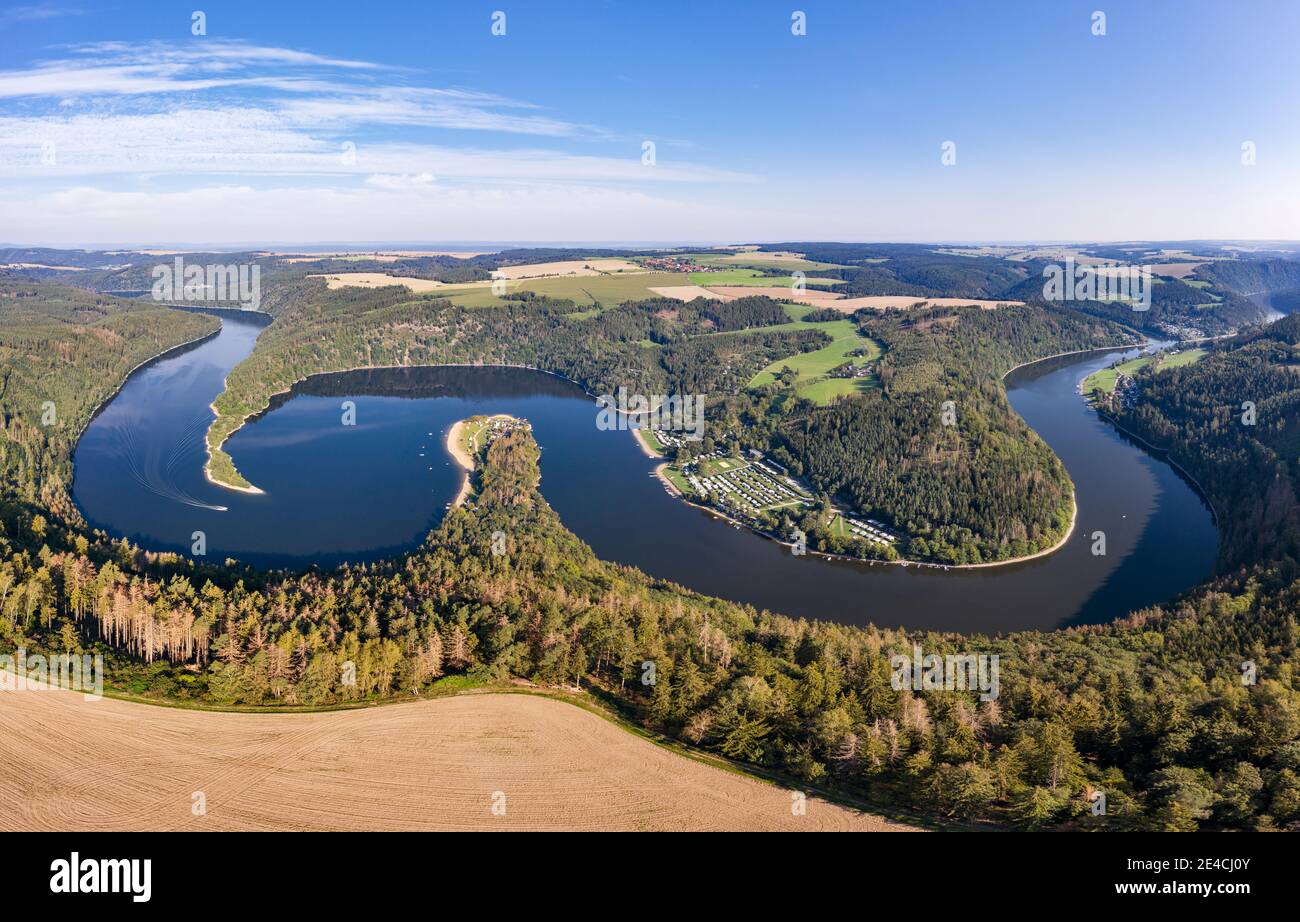 Germany, Thuringia, Altenbeuthen, Hohenwartestausee, campsites Neumannshof, Droschkau, forest, loops of reservoirs, aerial view, panorama Stock Photo