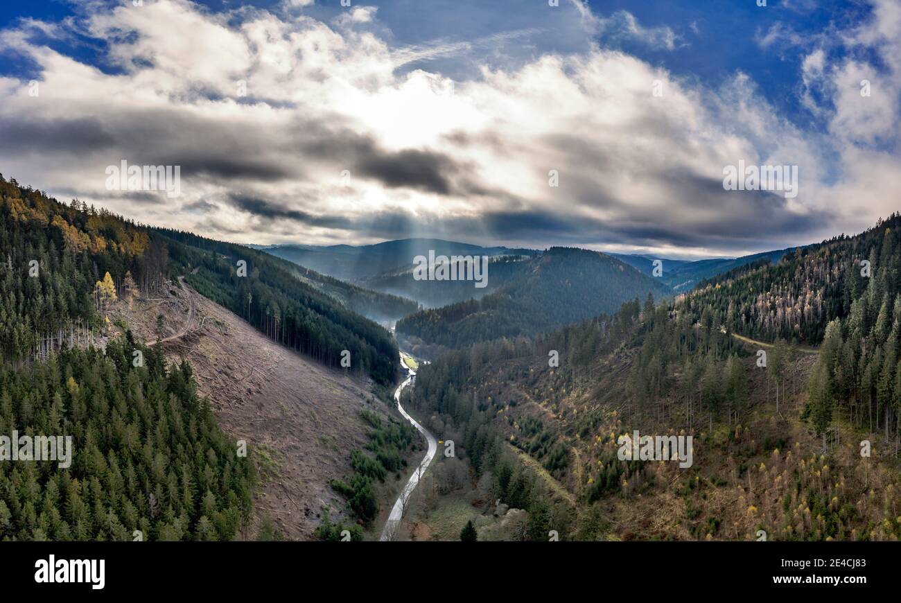 Germany, Thuringia, Großbreitenbach, Allersdorf, landscape, valley, forest, mountains, road, back light, aerial view Stock Photo