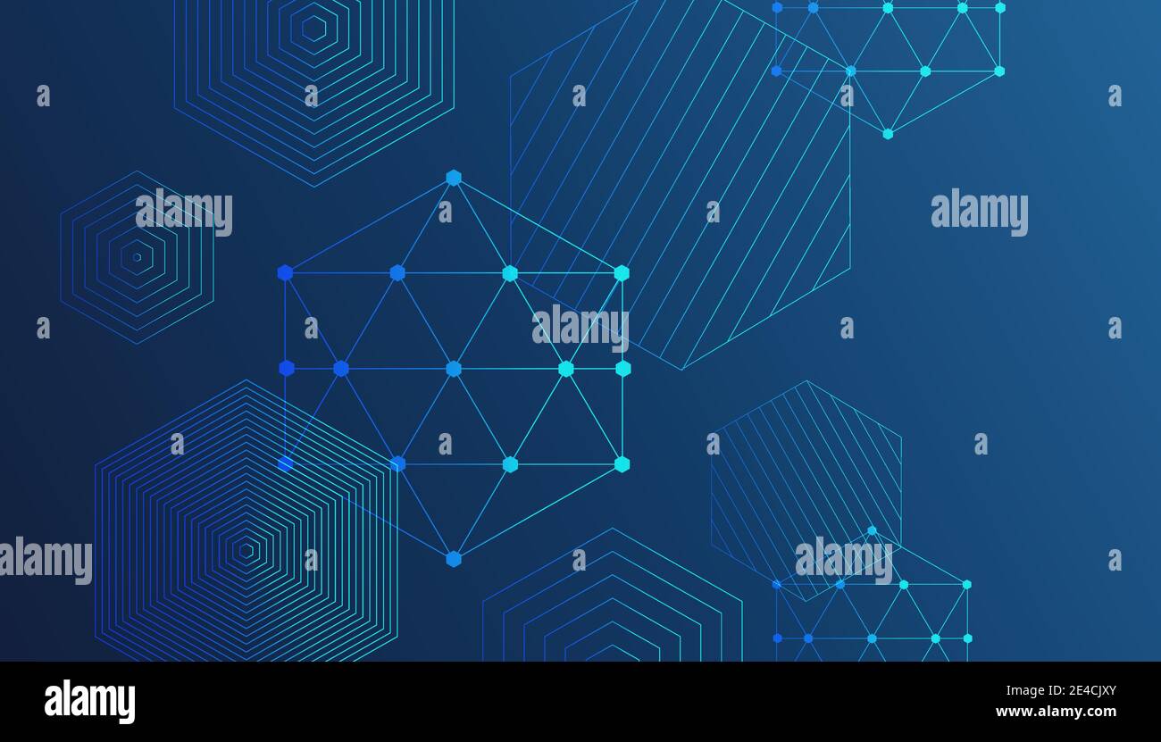 Abstract geometric composition with decorative hexagons on blue background. Stock Vector