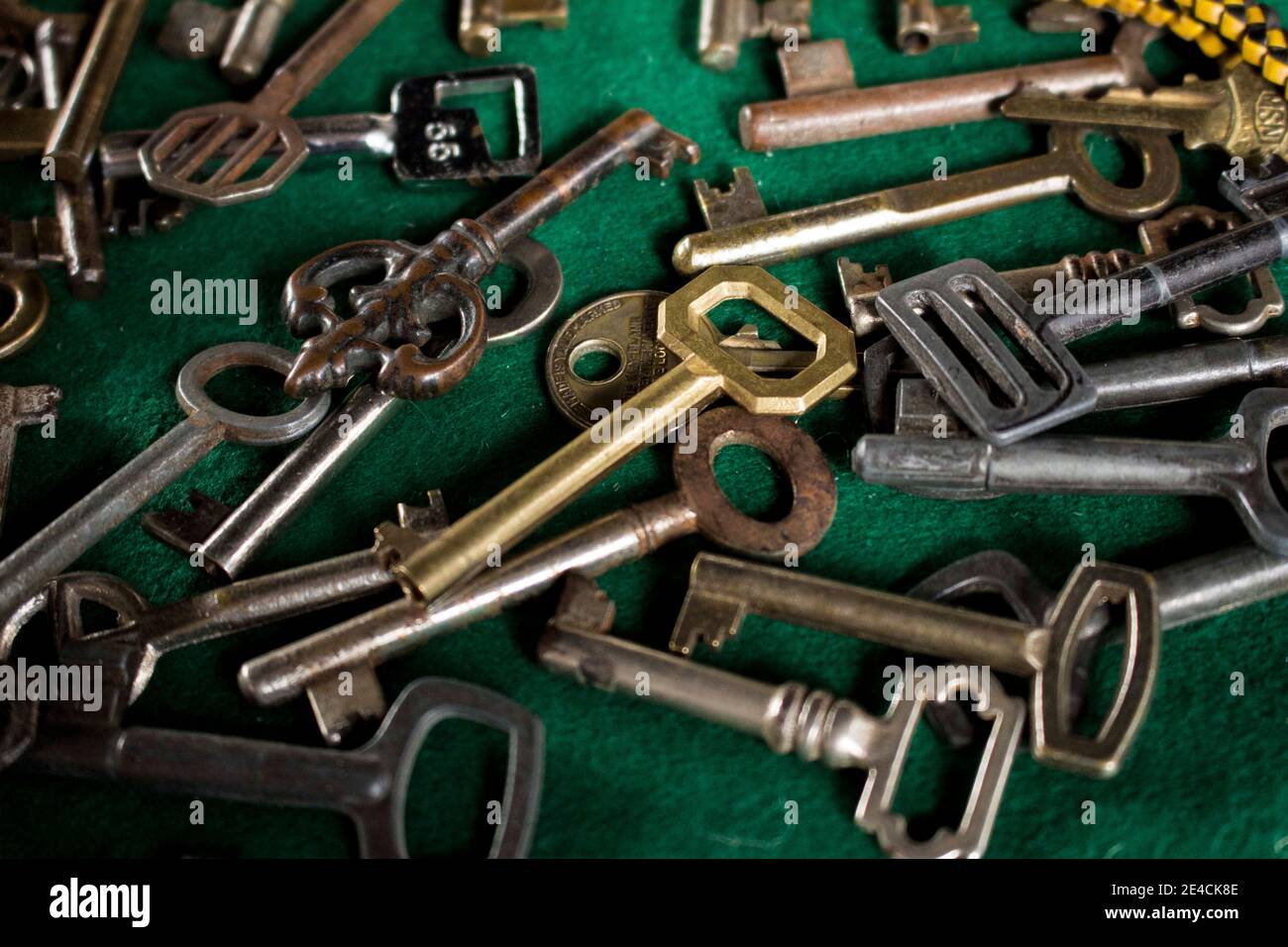 Sao Paulo / Sao Paulo / Brazil - 08 19 2018: Group of different old antique keys together. It seems to be a flea market or an old factory of door open Stock Photo