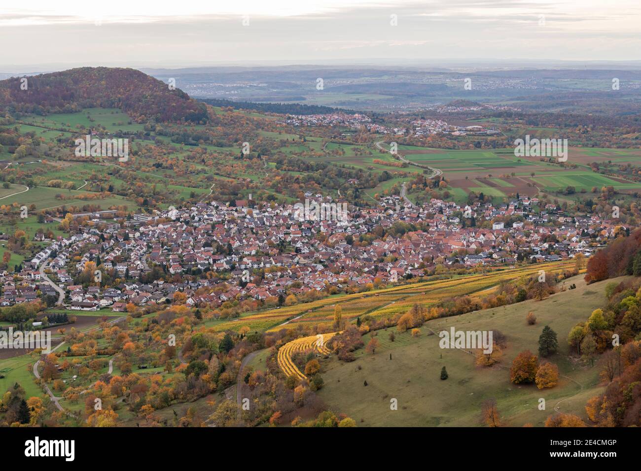 Europe, Germany, Baden-Wuerttemberg, Swabian Alb, Biosphere Area, Neuffen, view from above on place, forest, orchards and vineyards in autumn, Neuffener Heide Stock Photo