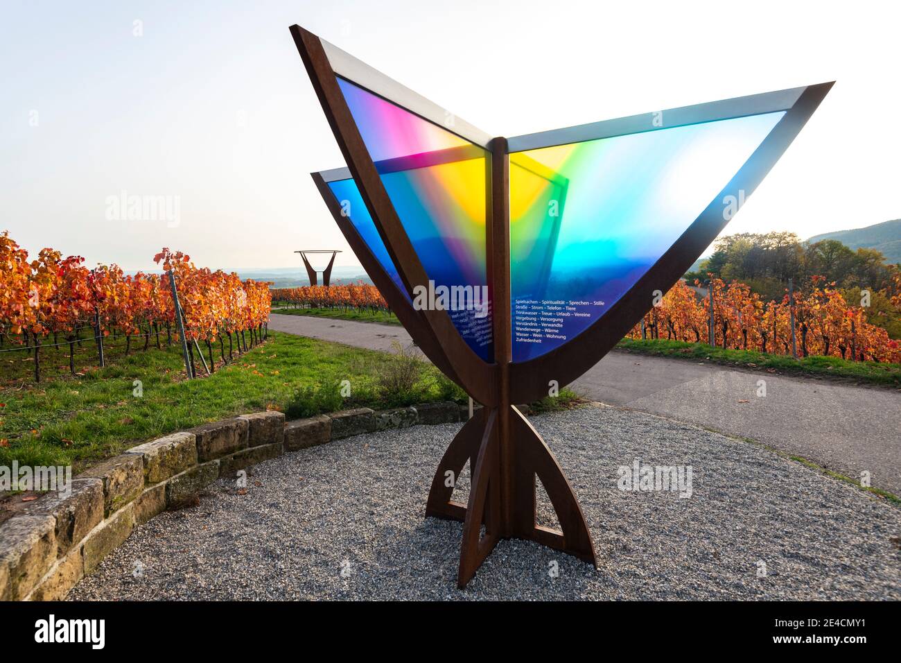 Europe, Germany, Baden-Wuerttemberg, Stromberg Heuchelberg Nature Park, Hohenhaslach, vineyard, autumn colors, far-sighted path, chalice of gratitude and joy Stock Photo