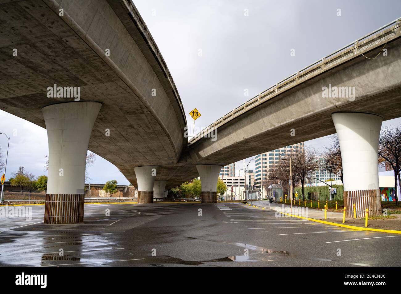 Empty city scenes during pandemic freeway interchange Stock Photo