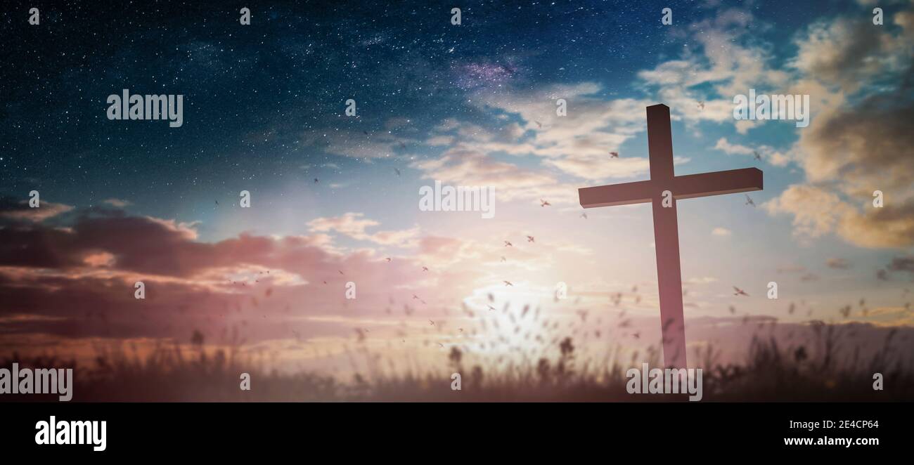 Jesus christ crucifix cross on heaven sunrise concept christmas catholic religion, forgiving christian worship god, happy easter day, praying praise . Stock Photo