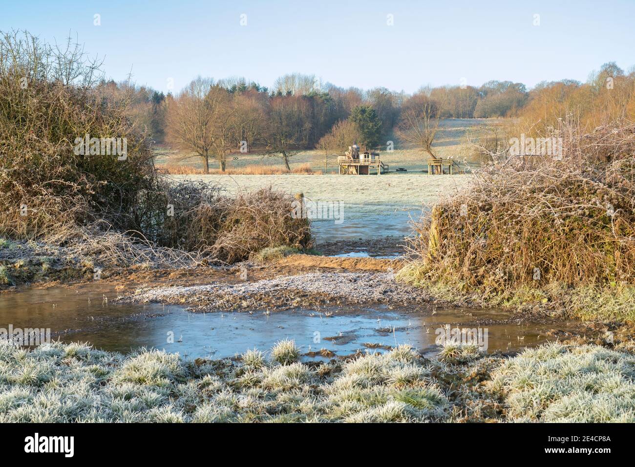 Old treehouse barn in the frosty oxfordshire countryside. North Aston