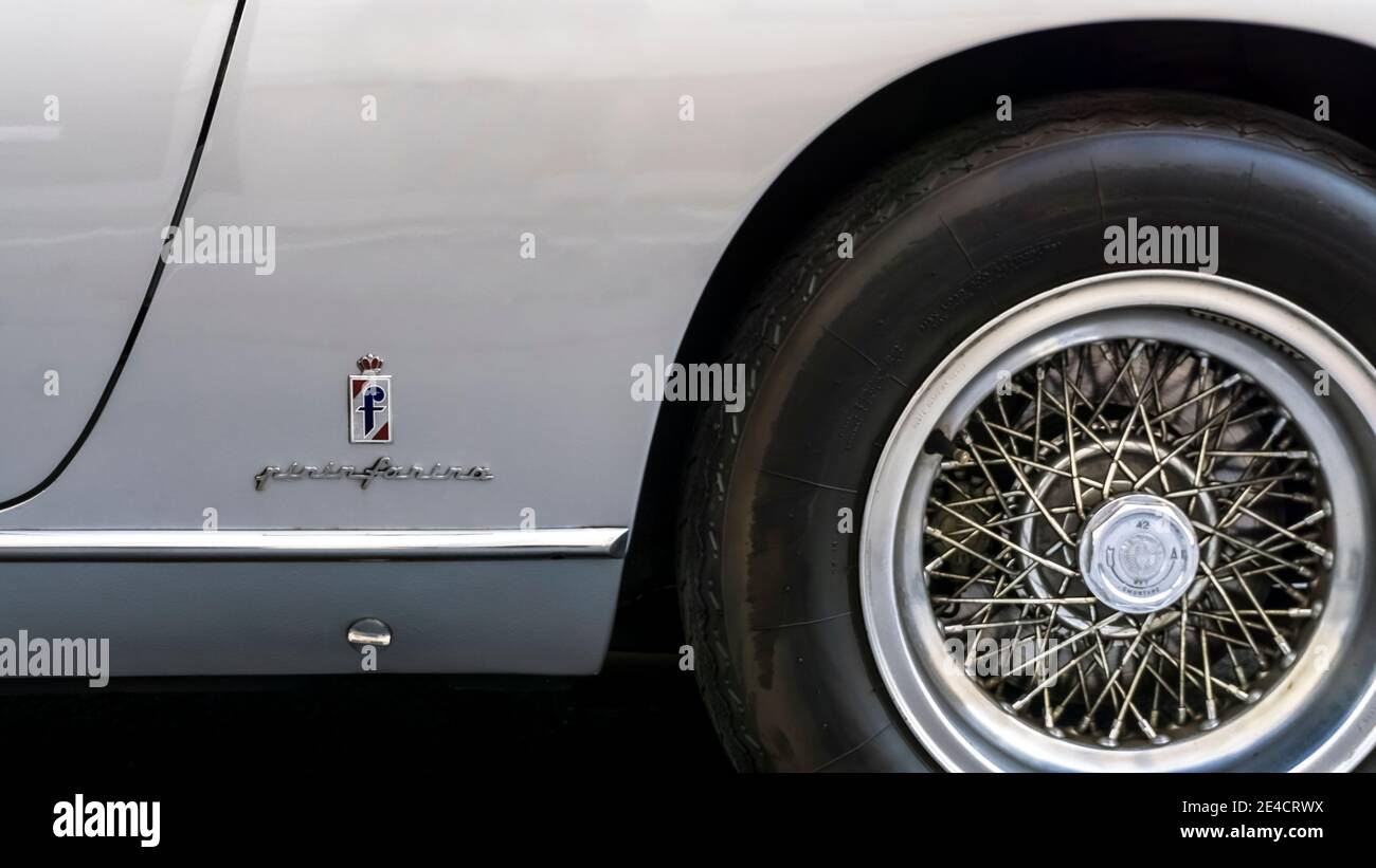 Rear wheel of a Ferrari 330 GT 2 + 2 (1964–1967) in Munich. Designed by Sergio Pininfarina Stock Photo
