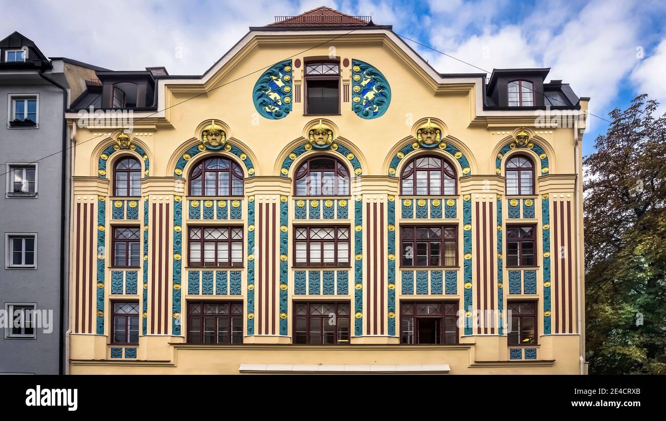 Art Nouveau facade. Was built between 1899–1900 and designed by Ernst Haiger and Henry Helbig. Is an example of the classifying Art Nouveau in Munich. Stock Photo