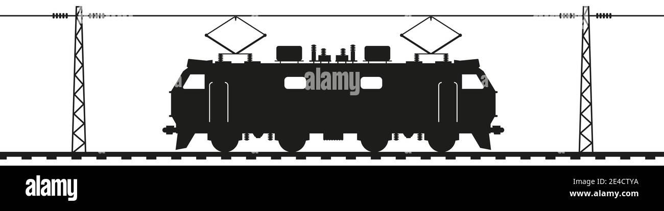 Electric locomotive on rails under the contact wire. Railroad electric poles with overhead lines. Black silhouette isolated on white. Railway transpor Stock Vector