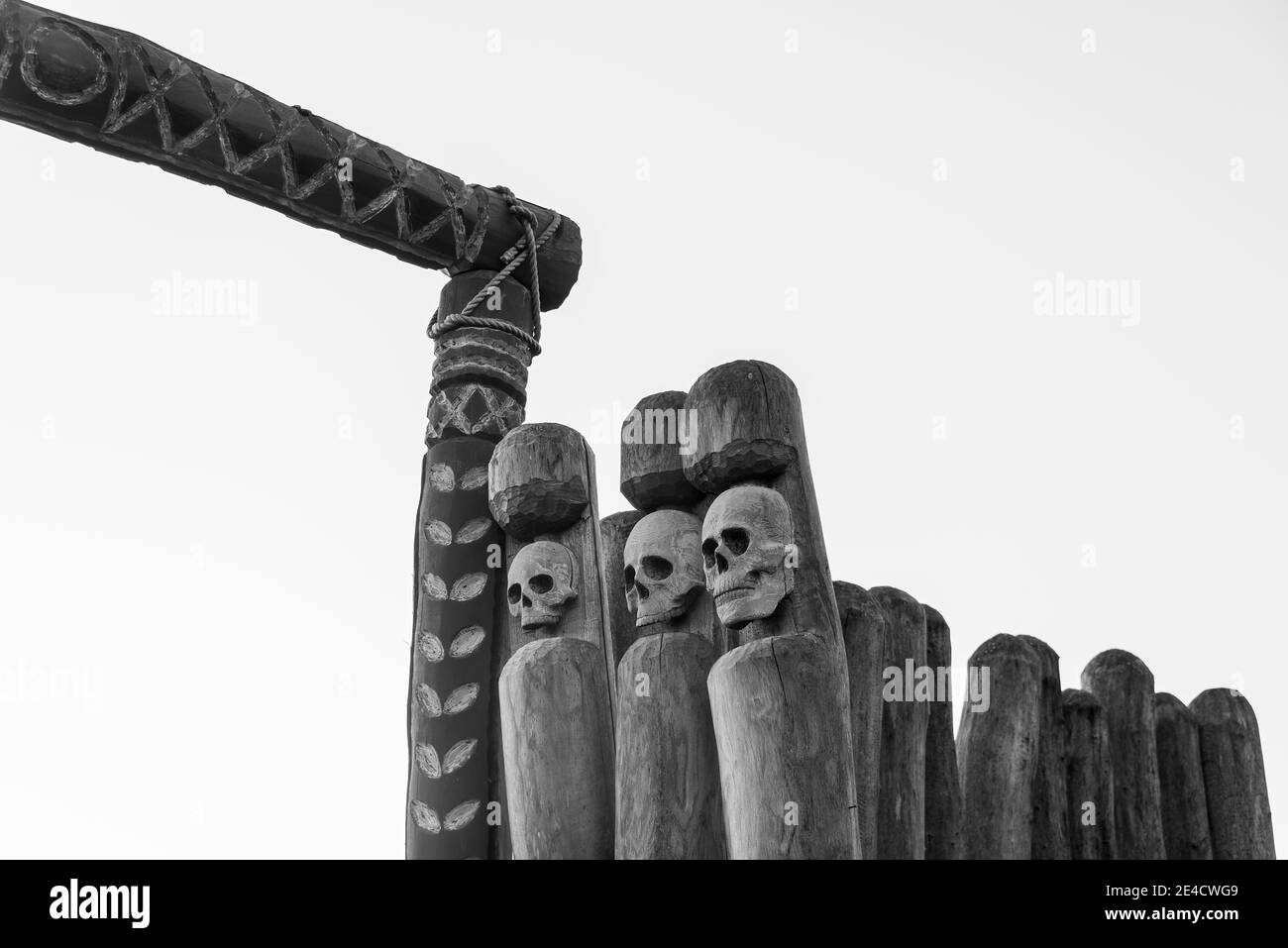 Germany, Saxony-Anhalt, Pömmelte, carved skulls in the ring sanctuary, a prehistoric circular moat, which is also called the German Stonehenge by archaeologists. Stock Photo
