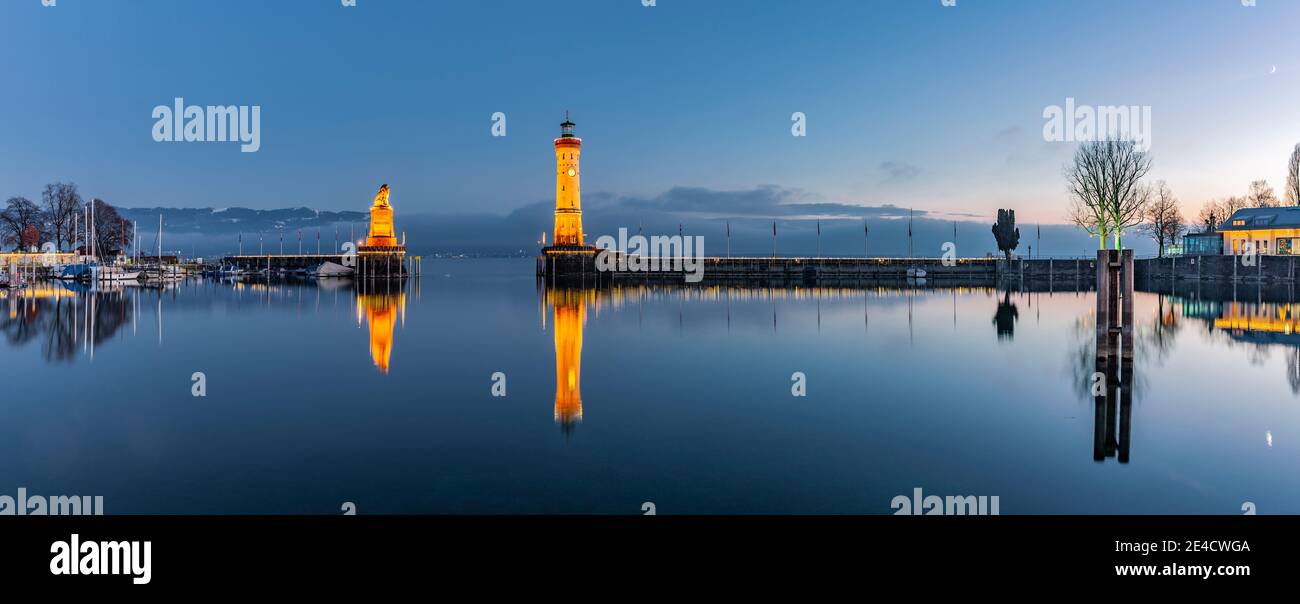 Harbor entrance Lindau Bodensee at the blue hour Stock Photo