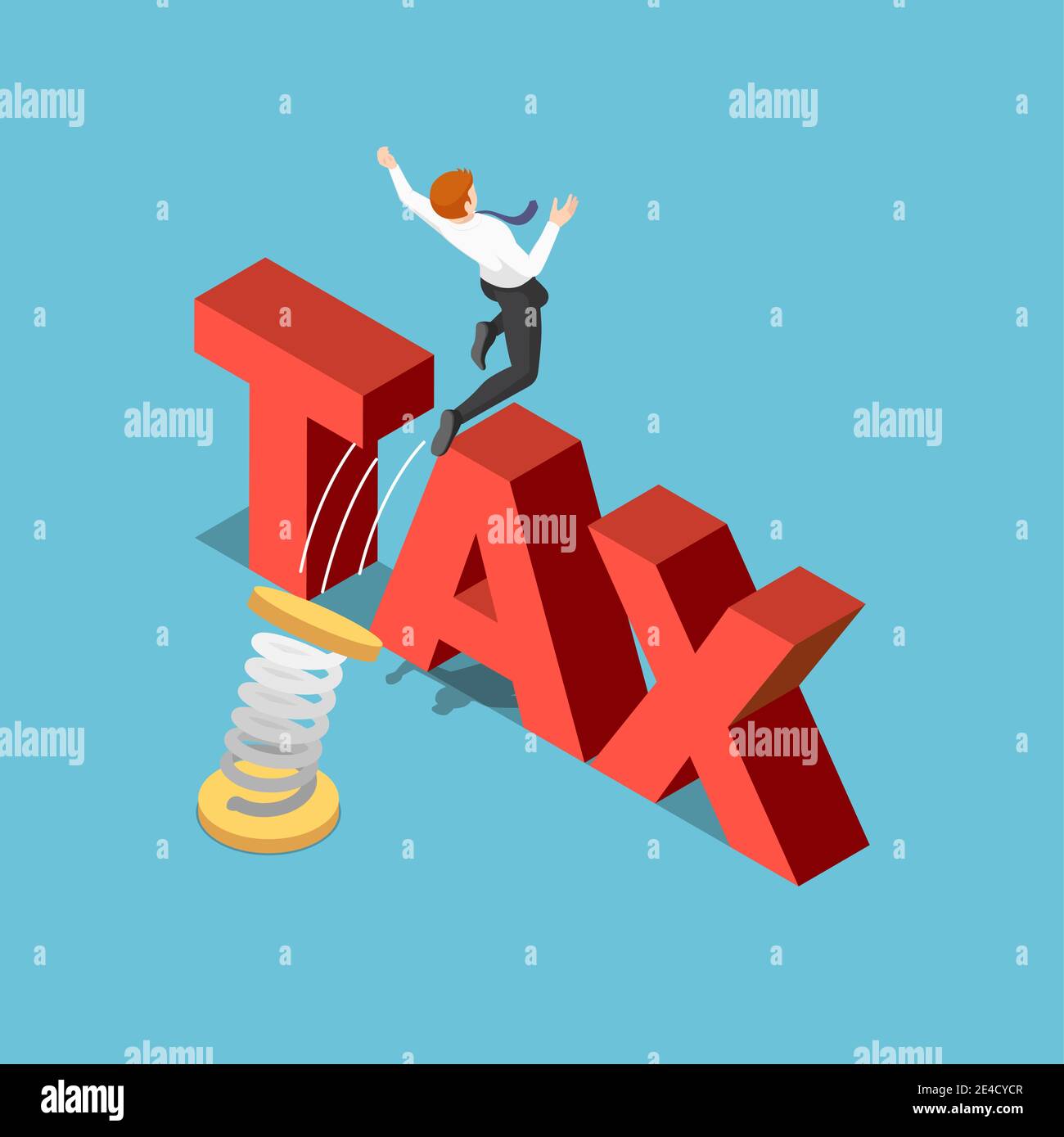 Flat 3d Isometric Businessman Use Spring to Jumping Over The TAX. Tax Management Concept. Stock Vector