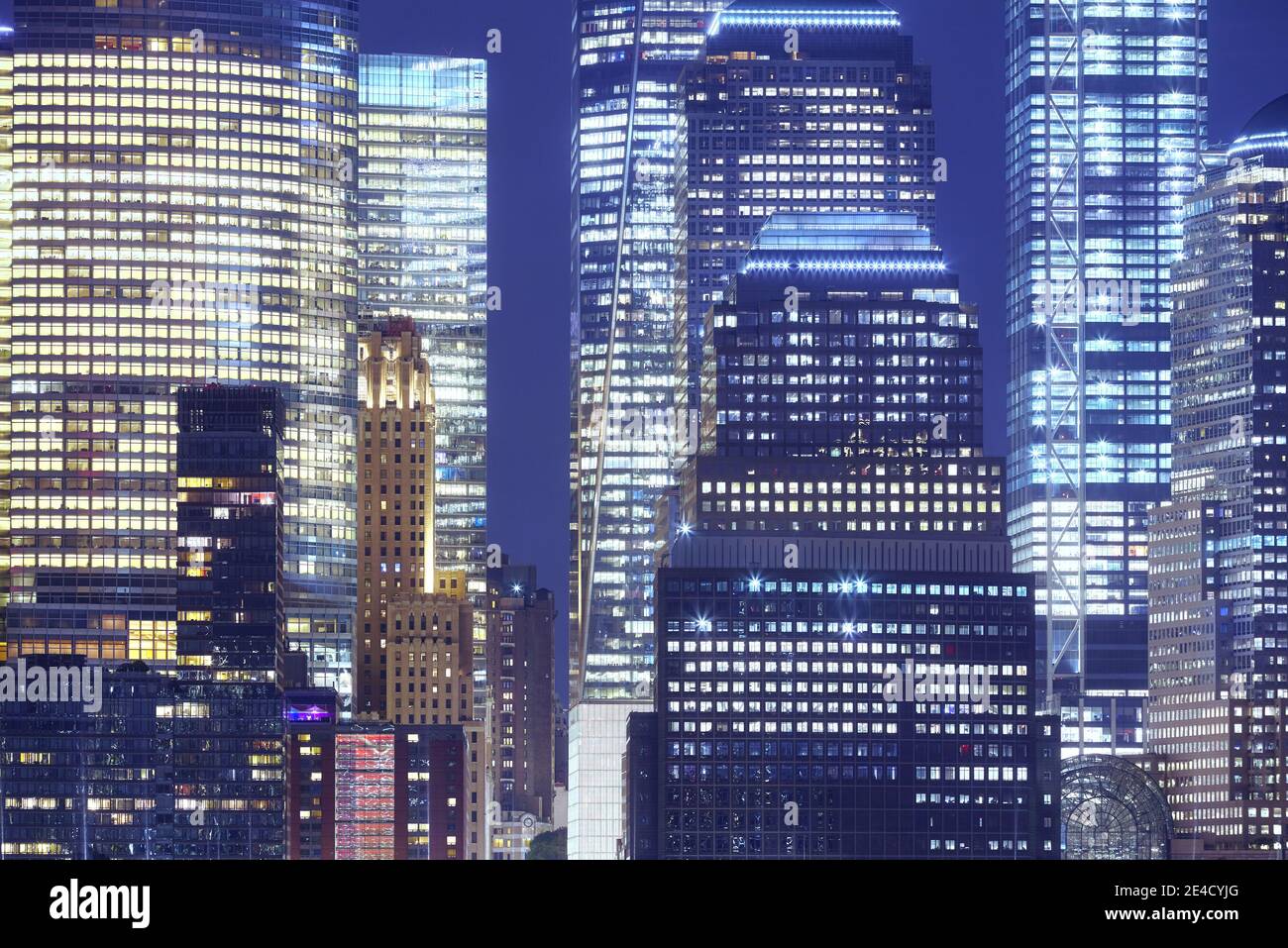 Close up picture of New York City modern buildings at night, color ...