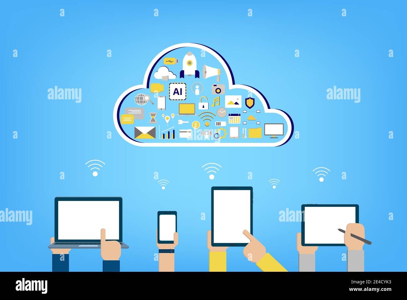Cloud computing technology with icons and devices on blue background ...