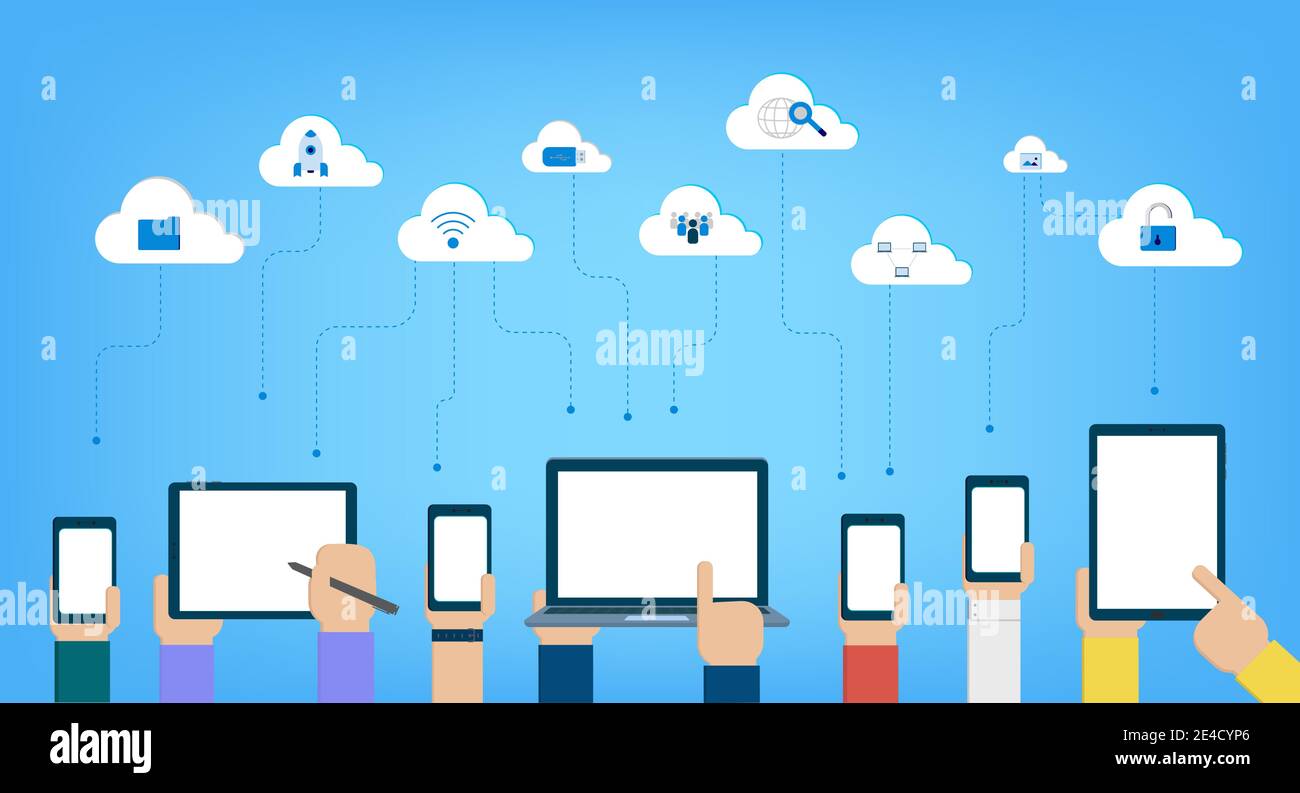 Cloud computing technology with icons and devices on blue background ...
