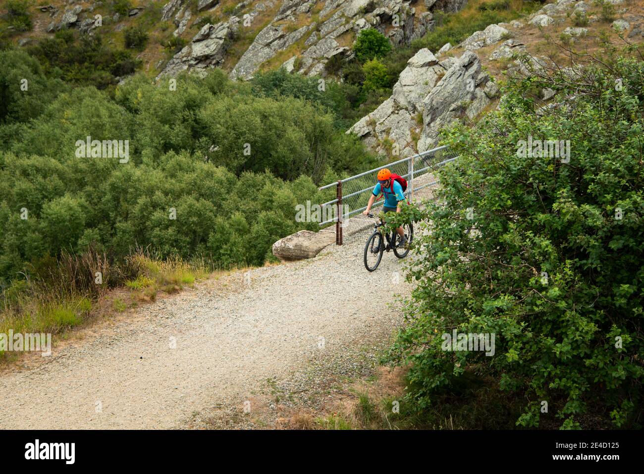 A young man cycling the Otago Central Rail Trail on the Poolburn Viaduct, South Island, New Zealand Stock Photo