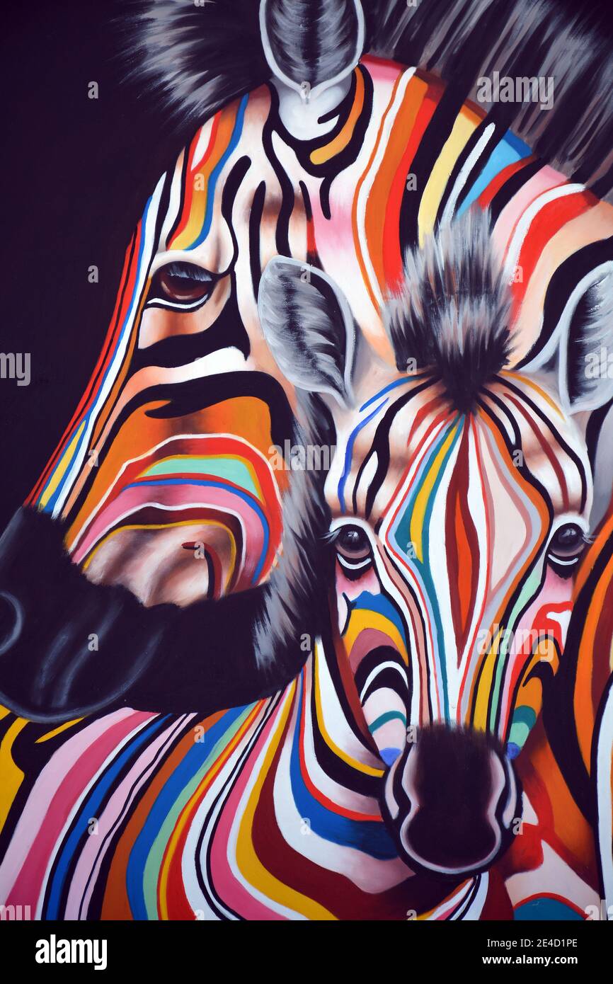 Colourful image of a pair of zebra in the Dafen oil painting village, Shenzhen. Unknown artist Stock Photo - Alamy Colourful image of a pair of zebra in the Dafen oil painting village, Shenzhen. Unknown artist Stock Photo - Alamy