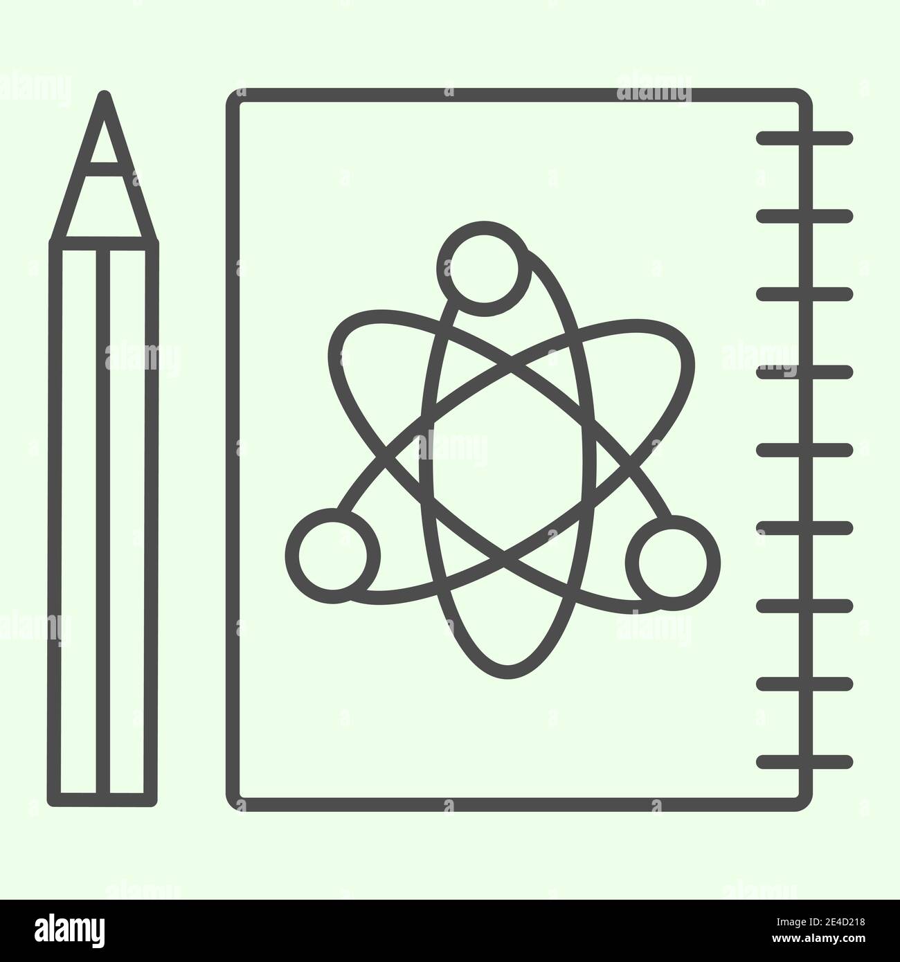 Science notepad thin line icon. Workbook with atom symbol and pencil
