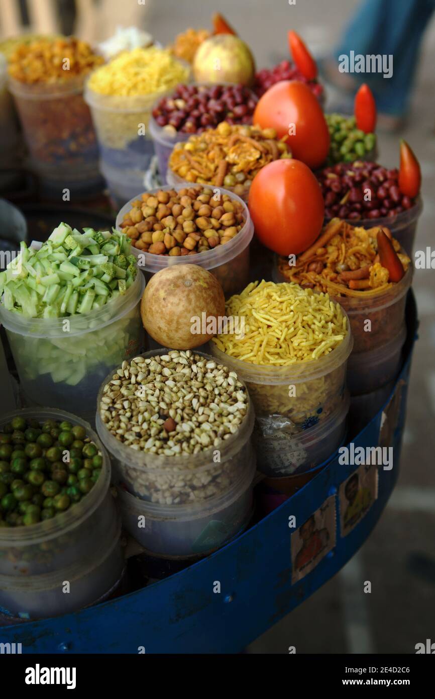 Ingredients for Indian snacks at a roadside vendor. Stock Photo
