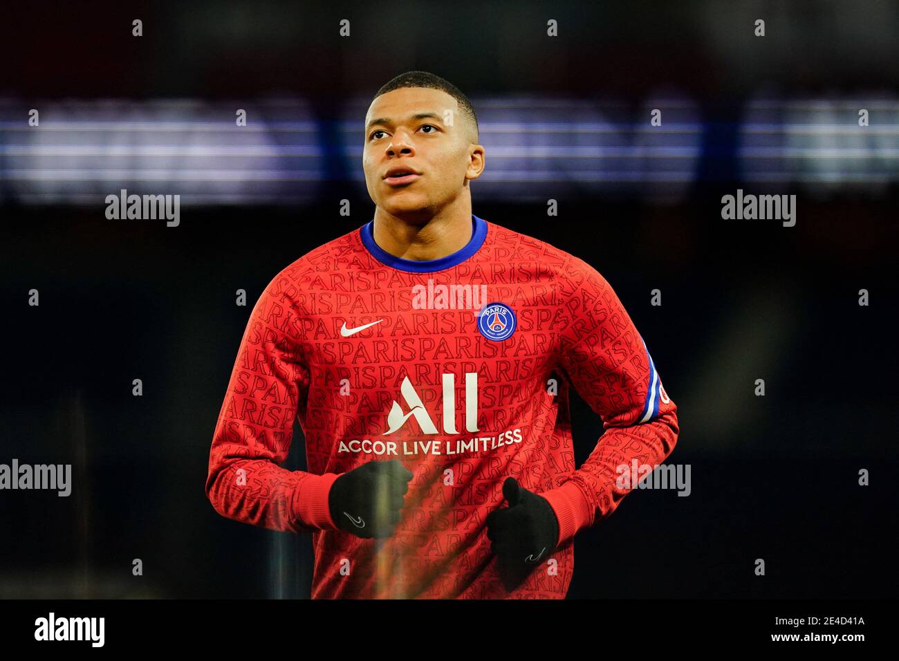 Kylian Mbappe (PSG) during the warm up of the French Ligue 1 Paris Saint  Germain (PSG) vs Montpellier (MHSC) football match at the Parc des Prince,  in Paris, France on January 22,