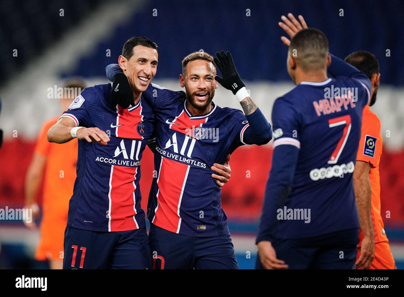 neymar jr psg celebrates his goal with angel di maria and kylian mbappe psg during the french ligue 1 paris saint germain psg vs montpellier mhsc football match at the parc des