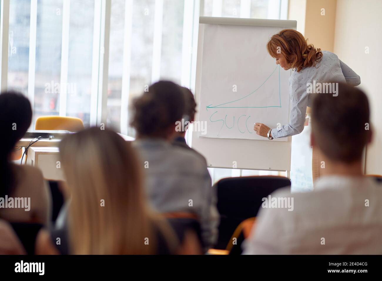 caucasian female lecturer drawing diagram for success at business seminar Stock Photo