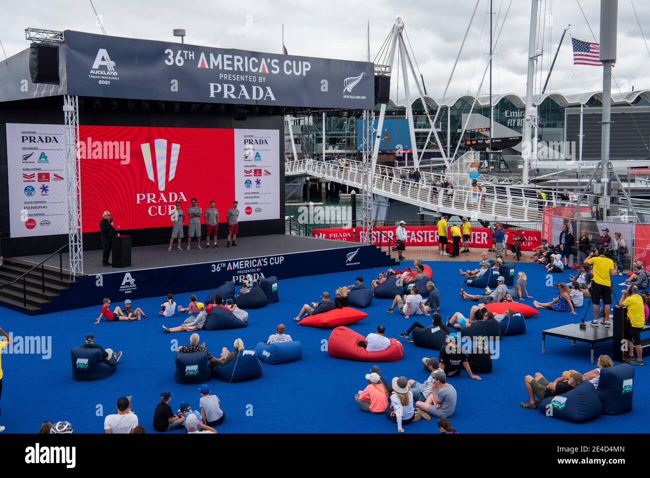 Auckland, New Zealand. 23rd Jan, 2021. Two sailors each from INEOS Team UK and Luna Rossa Prada Pirelli Team on stage at the America's Cup village ahead of their Round Robin three match of the Prada Cup. Saturday 23th of Jan 2021. Copyright Credit: Chris Cameron/Alamy Live News Stock Photo