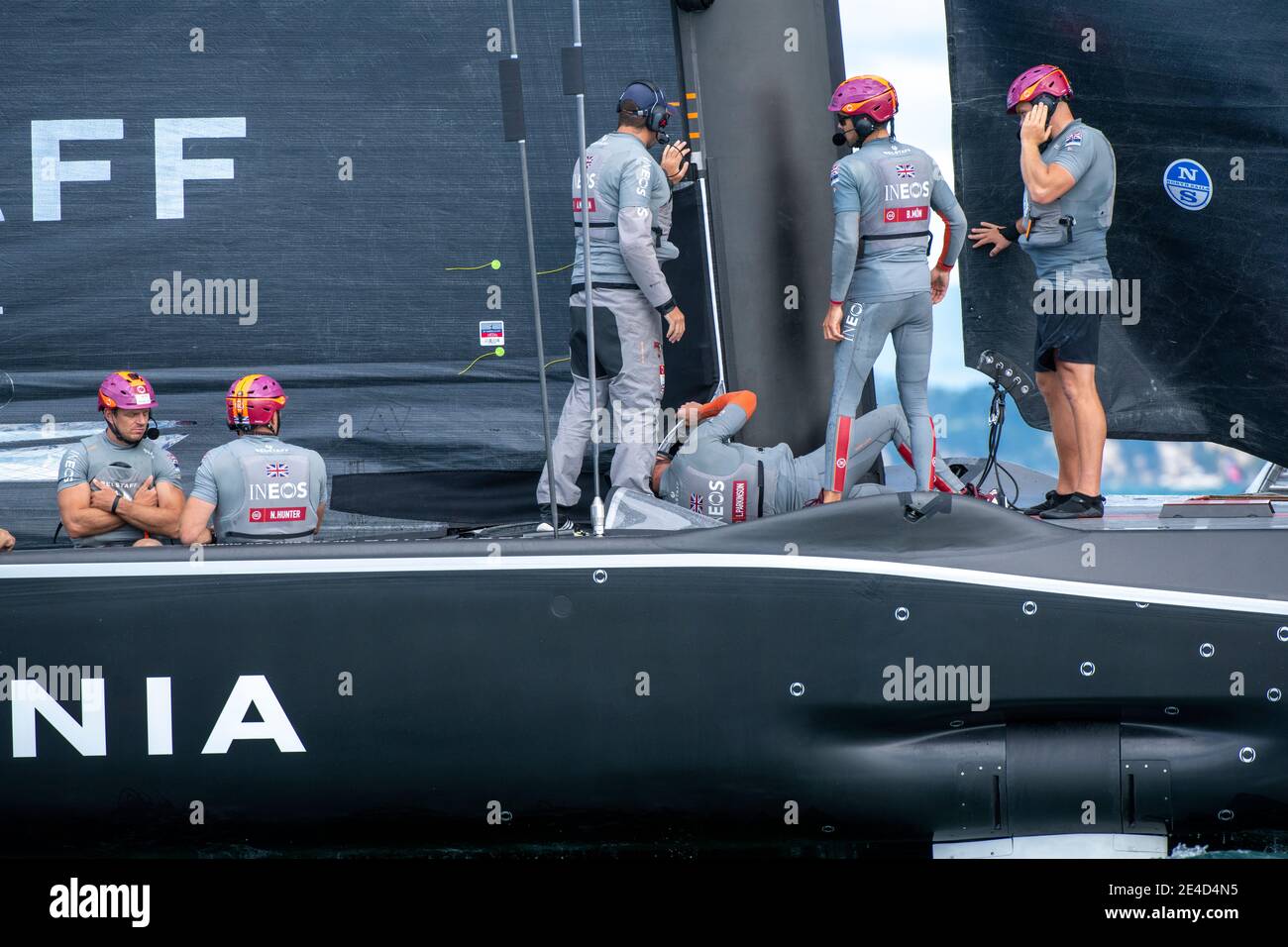 Auckland, New Zealand. 23rd Jan, 2021. INEOS Team UK have some technical issues with their Cunningham ahead of their Round Robin three match of the Prada Cup against Luna Rossa Prada Pirelli Team. Saturday 23th of Jan 2021. Copyright Credit: Chris Cameron/Alamy Live News Stock Photo