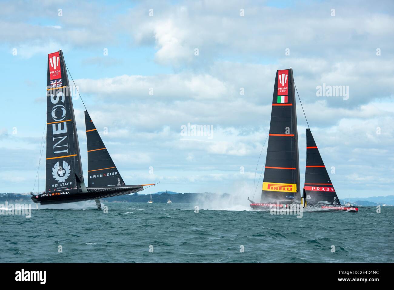Auckland, New Zealand. 23rd Jan, 2021. INEOS Team UK and Luna Rossa Prada Pirelli Team both get alittle out of shape on approach to the start of their Round Robin three match of the Prada Cup. Saturday 23th of Jan 2021. Copyright Credit: Chris Cameron/Alamy Live News Stock Photo