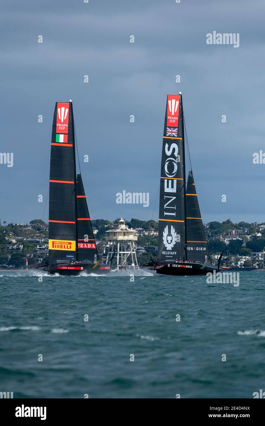 Auckland, New Zealand. 23rd Jan, 2021. INEOS Team UK and Luna Rossa Prada Pirelli Team battle it out in their Round Robin three match of the Prada Cup. Saturday 23th of Jan 2021. Copyright Credit: Chris Cameron/Alamy Live News Stock Photo