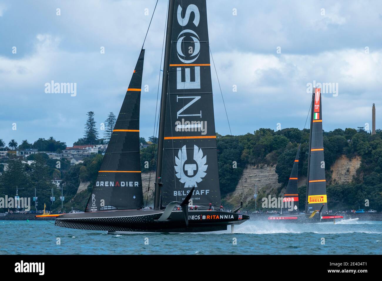Auckland, New Zealand. 23rd Jan, 2021. After nine lead changes throughout the race INEOS Team UK win their match against Luna Rossa Prada Pirelli Team to take out the Round Robin section of the Prada Cup. Saturday 23th of Jan 2021. Copyright Credit: Chris Cameron/Alamy Live News Stock Photo