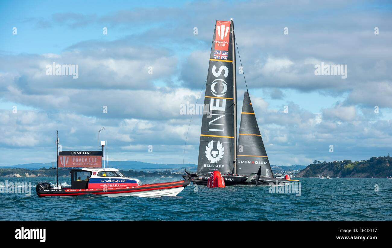 Auckland, New Zealand. 23rd Jan, 2021. INEOS Team UK start a 'Ghost' Race start to complete their requirements to win the Round Robin section of the Prada Cup. Saturday 23th of Jan 2021. Copyright Credit: Chris Cameron/Alamy Live News Stock Photo