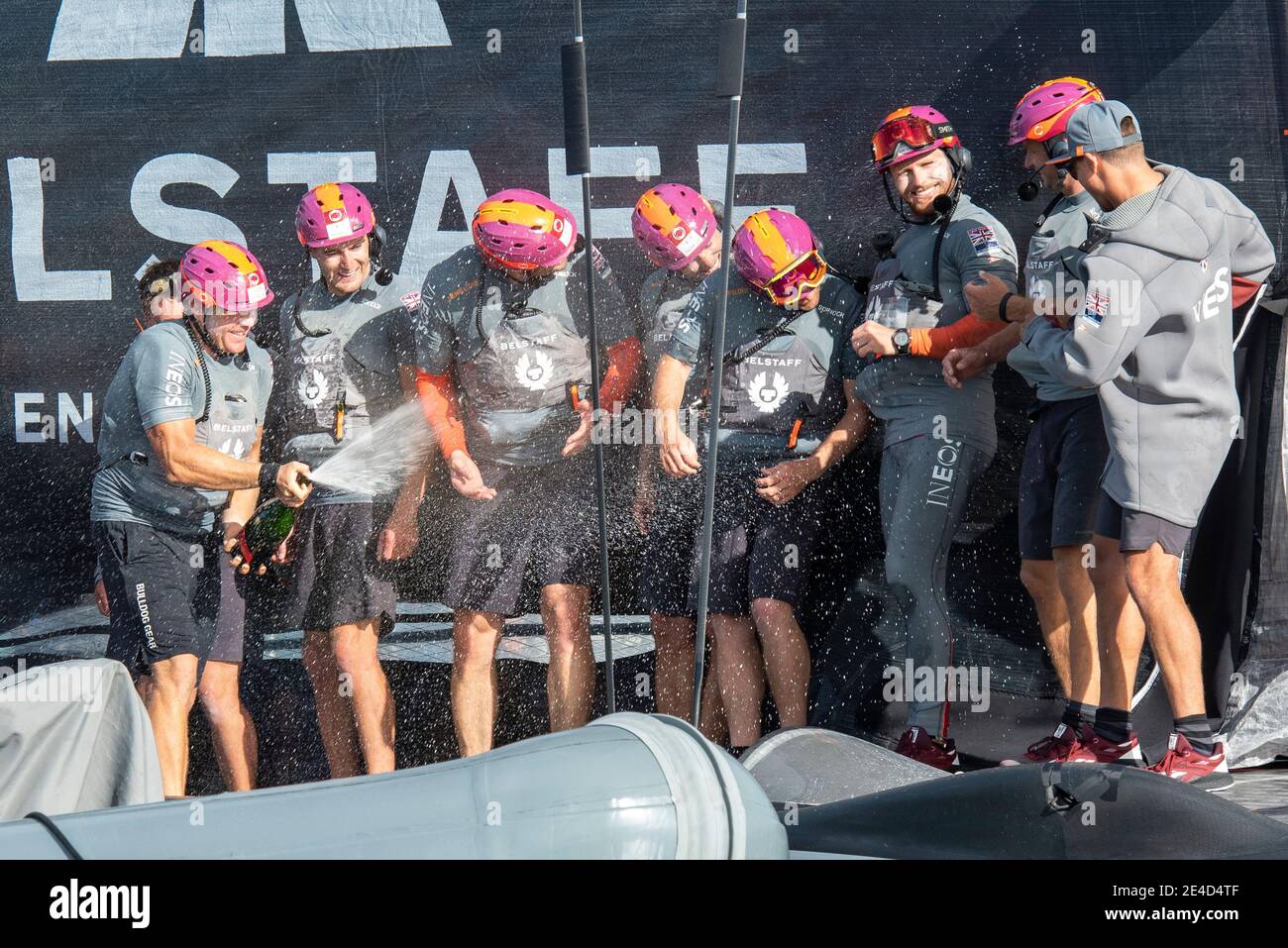 Auckland, New Zealand. 23rd Jan, 2021. INEOS Team UK celebrate on board Britania after winning the Round Robin section of the Prada Cup. Saturday 23th of Jan 2021. Copyright Credit: Chris Cameron/Alamy Live News Stock Photo