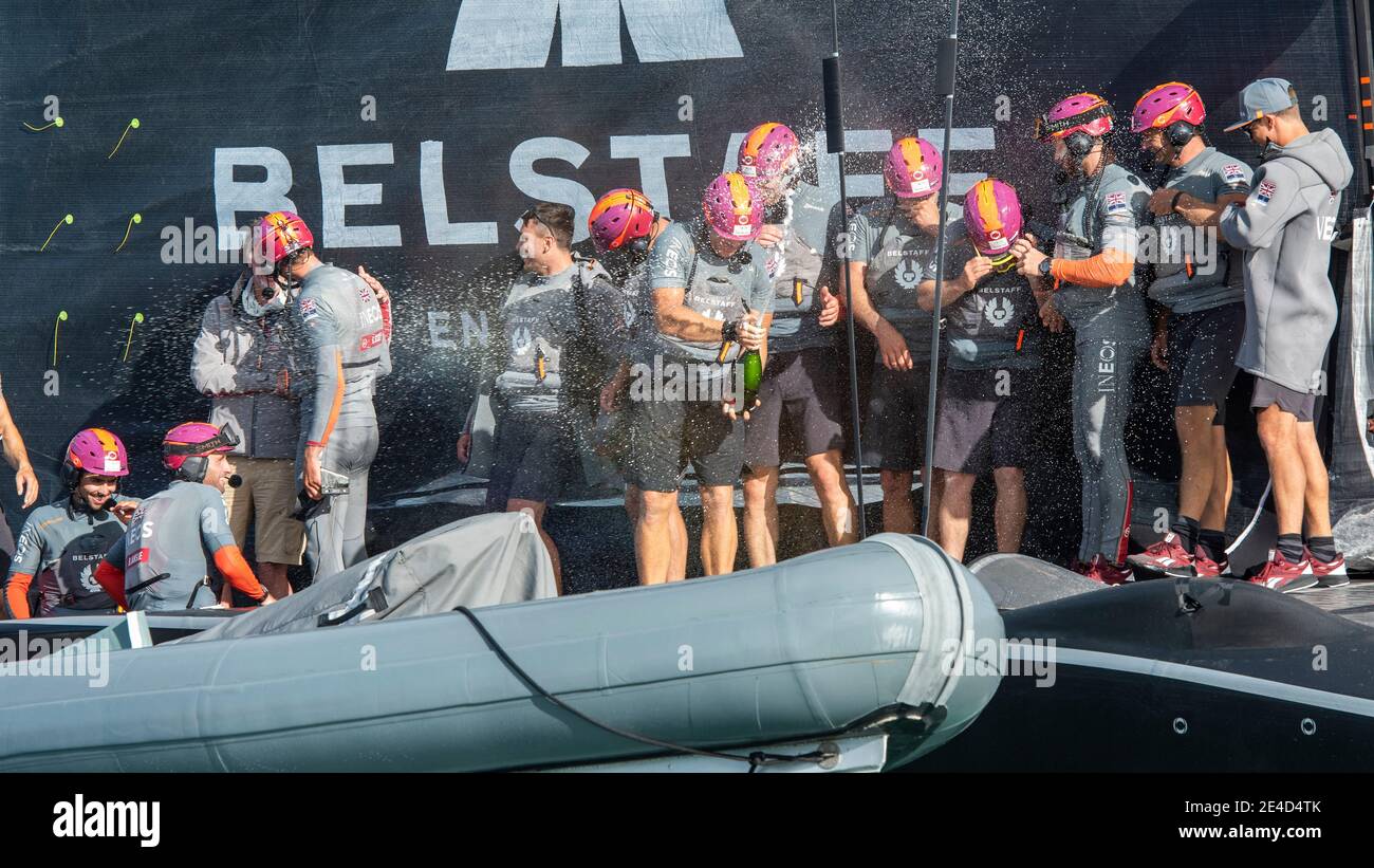Auckland, New Zealand. 23rd Jan, 2021. INEOS Team UK celebrate on board Britania with Sir Jim Ratcliffe after winning the Round Robin section of the Prada Cup. Saturday 23th of Jan 2021. Copyright Credit: Chris Cameron/Alamy Live News Stock Photo