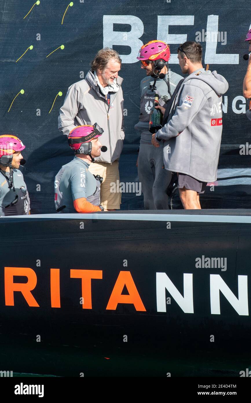 Auckland, New Zealand. 23rd Jan, 2021. INEOS Team UK celebrate on board Britania with Sir Jim Ratcliffe after winning the Round Robin section of the Prada Cup. Saturday 23th of Jan 2021. Copyright Credit: Chris Cameron/Alamy Live News Stock Photo