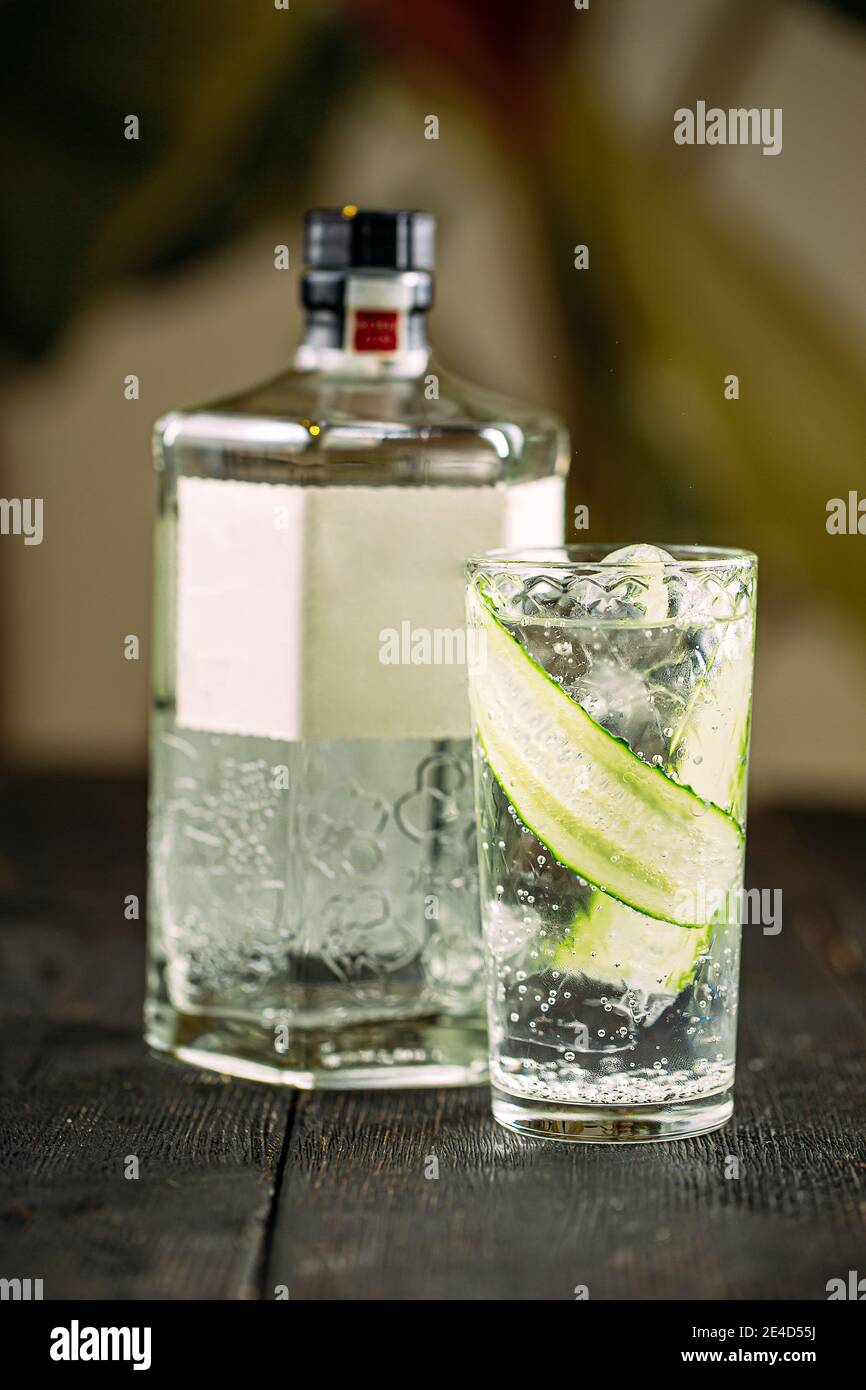 Fresh gin tonic cocktail with cucumber in a glass Stock Photo