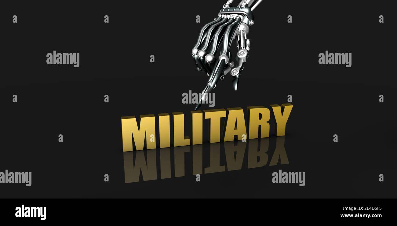 Military Industry with Robotic Hand Pointing on Black Background Stock Photo