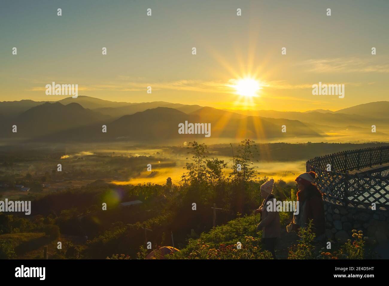 Maehongson, Thailand - December 14, 2020: Sunrise at Yun Lai Viewpoint in Pai district, Mae Hong Son province, Thailand. Stock Photo