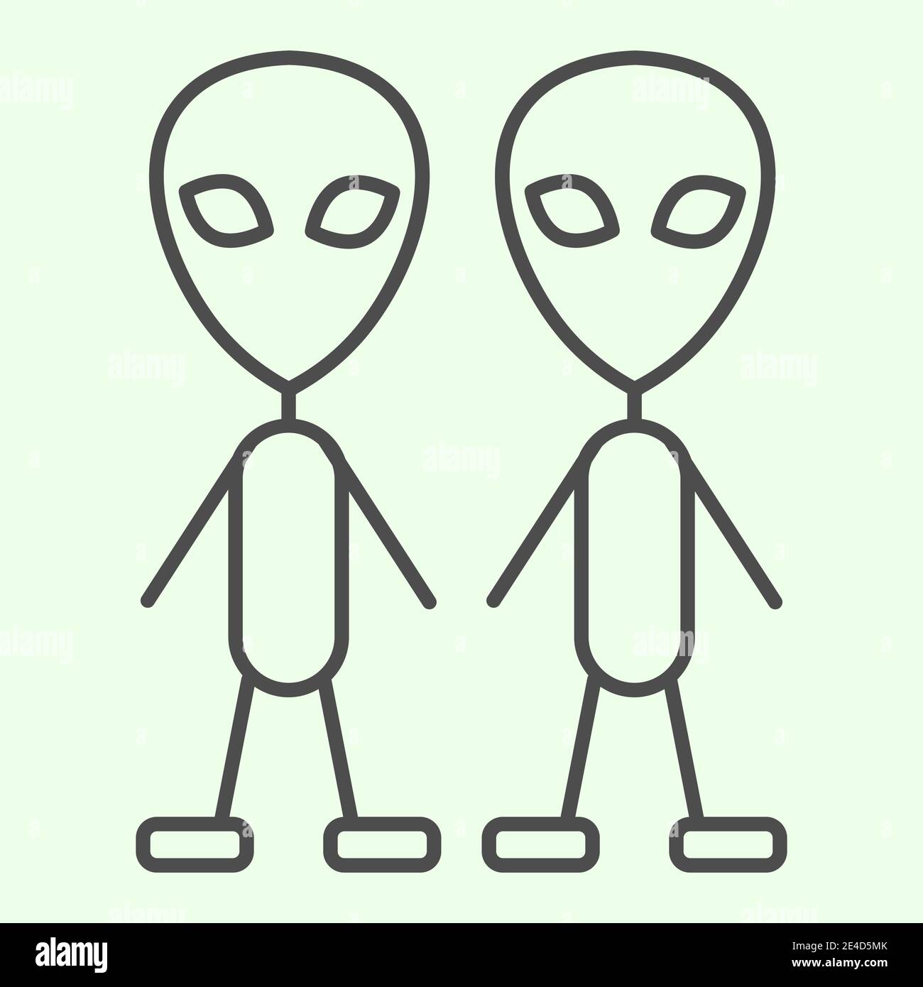 Cosmic strangers thin line icon. Two martian extraterrestrial aliens outline style pictogram on white background. Exploration space signs for mobile Stock Vector