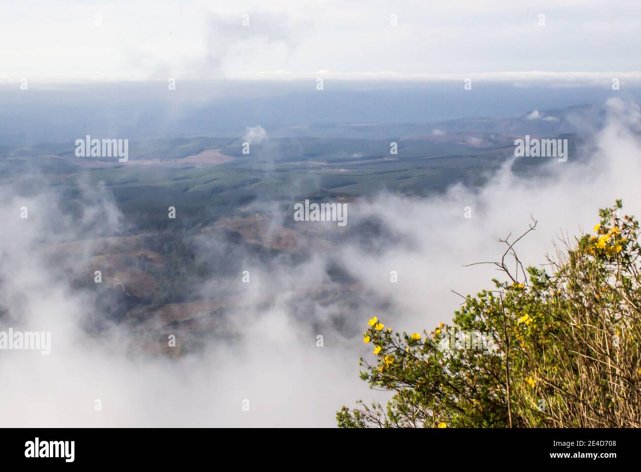 Clouds in the morning pulling back to reveal the vast expanse of the South African Lowveld, as seen from Wonder view viewpoint Stock Photo