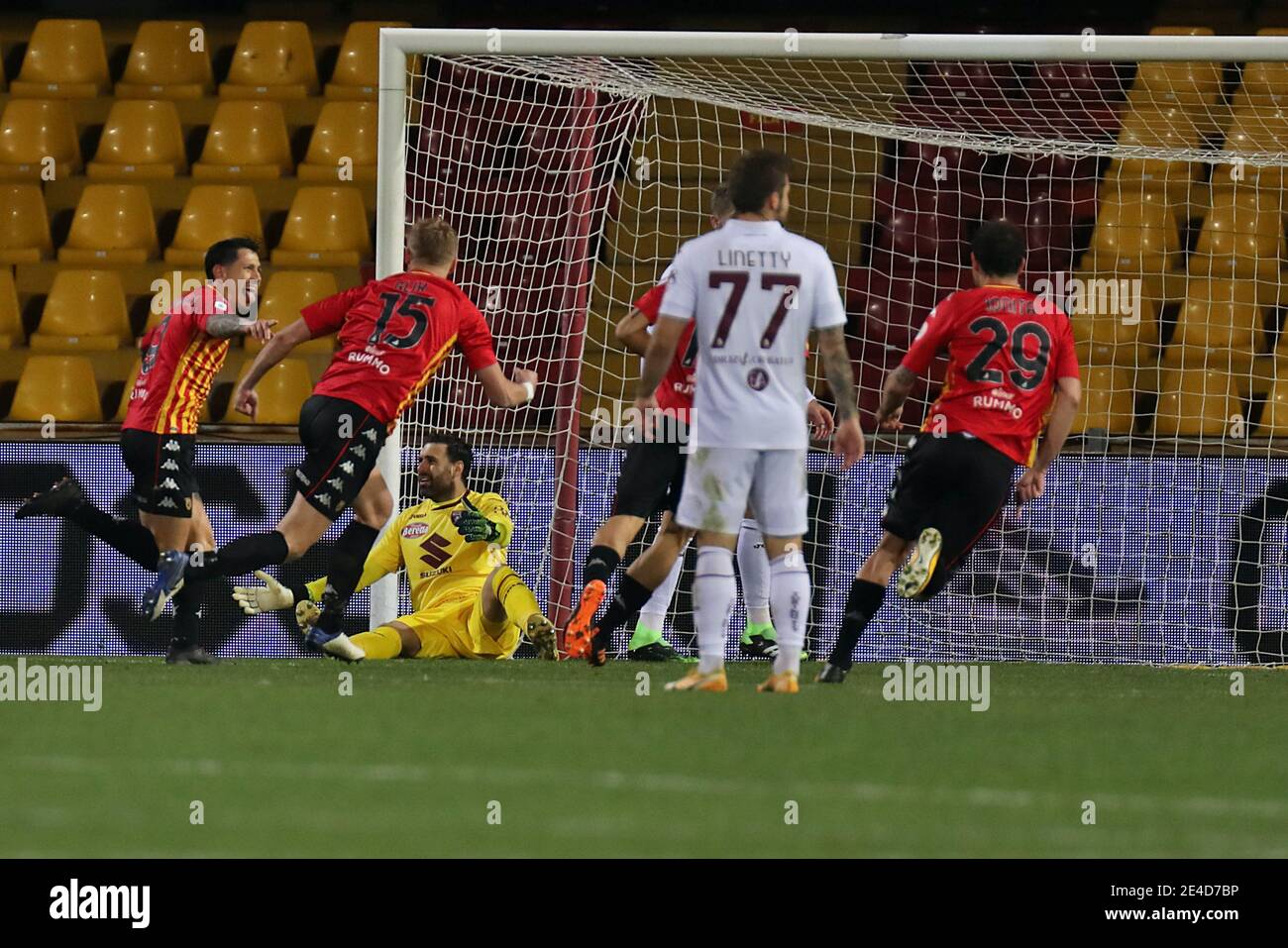 Gianluca Lapadula (Benevento Calcio) celebrates after scoring a goal during the Serie A soccer match between Bene - Photo .LM/Emmanuele Mastrodonato Stock Photo